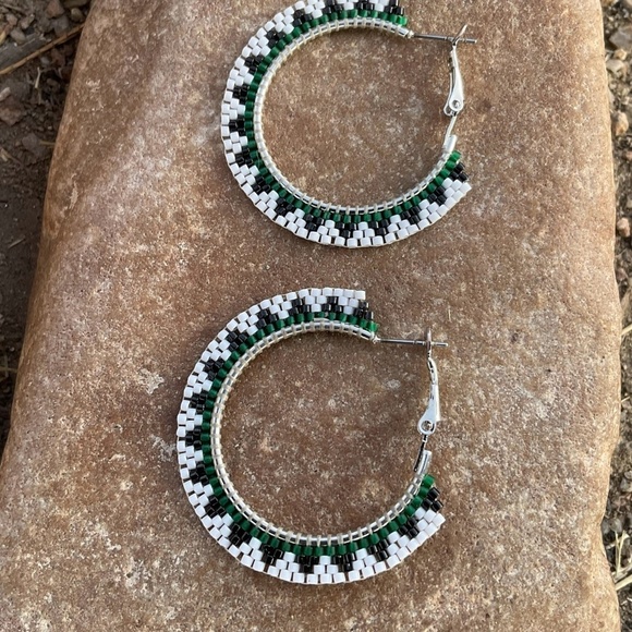 Green Navajo Basket Style 1 1/4” Beaded Hoops, New, Handmade by Me - Picture 4 of 7